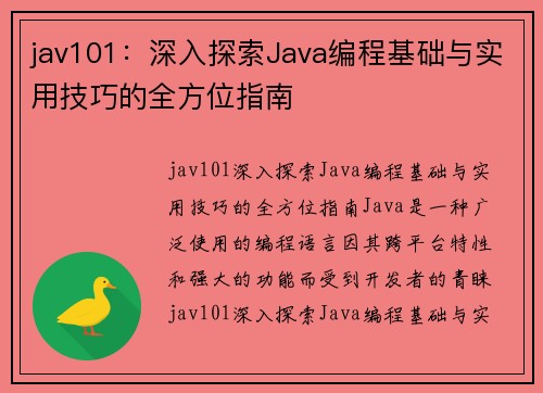 jav101：深入探索Java编程基础与实用技巧的全方位指南